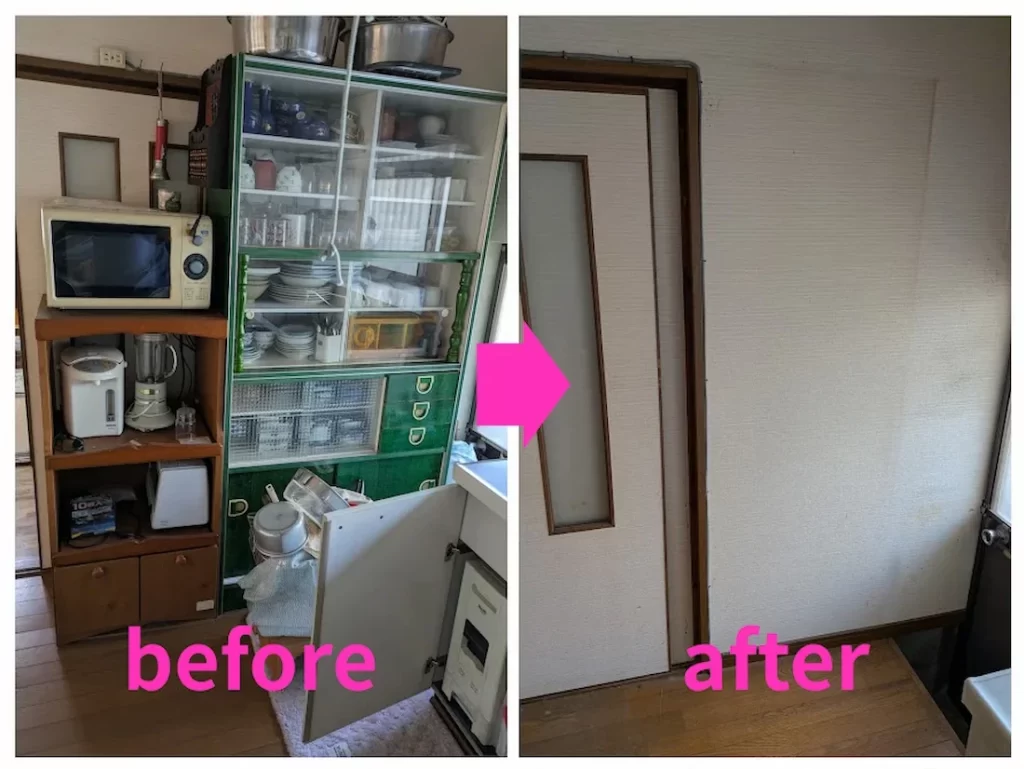 食器棚の片付けと撤去を行ったBefore After写真。作業前後の変化が分かる比較画像｜大阪リサイクルねっと