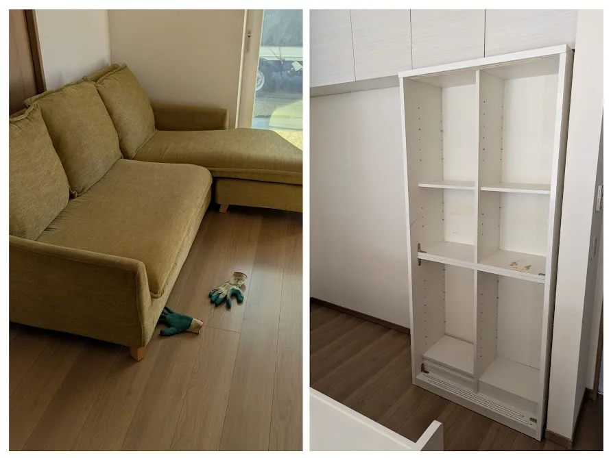 堺市東区でL字型大型ソファーと大型食器棚を不用品として回収